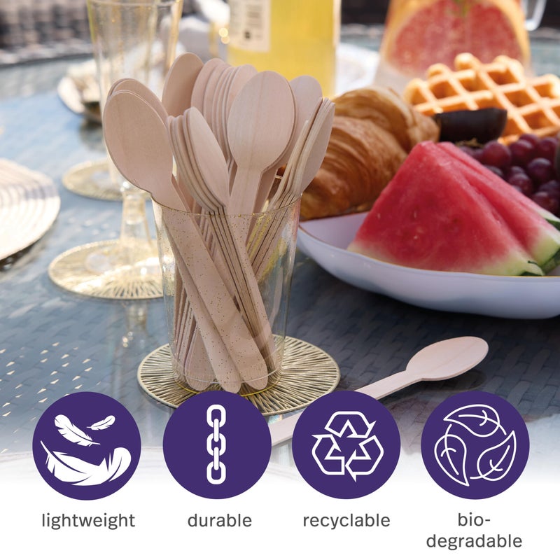 MATANA - 100% Natural Disposable Bamboo Wooden Spoons 6.3" Inch (200 Pack) - Compostable Cutlery, Biodegradable Utensils for Garden Parties & Summer Events - Image 5